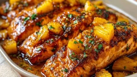 Delicious Pineapple Glazed Salmon garnished with fresh herbs