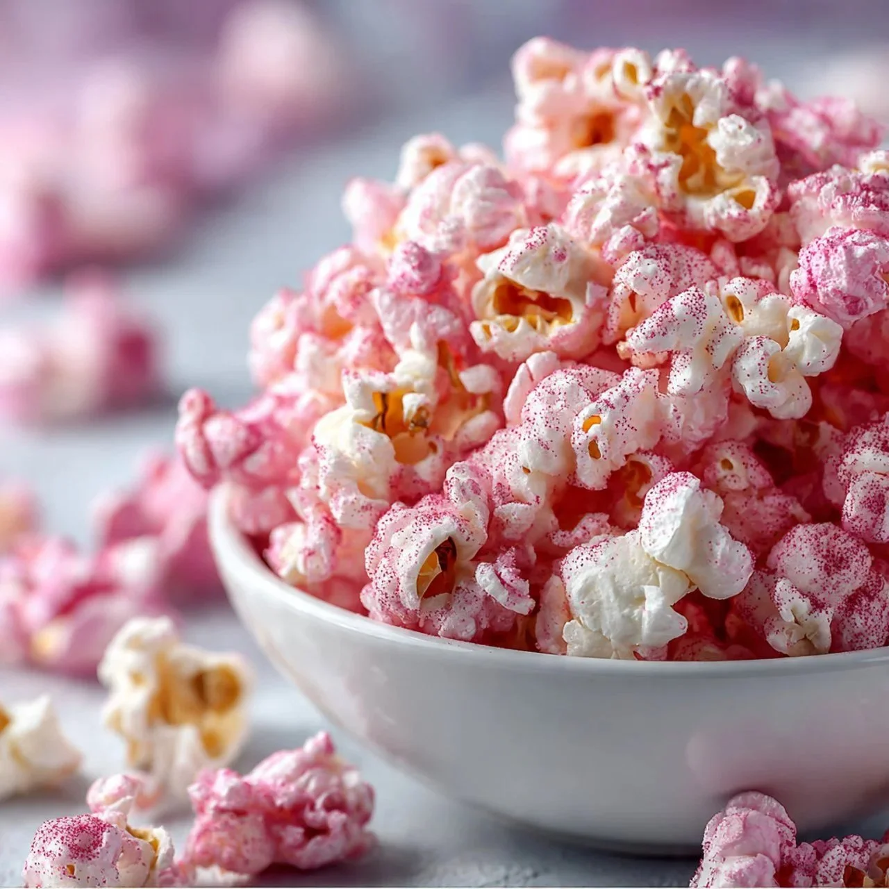 A bowl of colorful pink popcorn ready for a party or movie night.