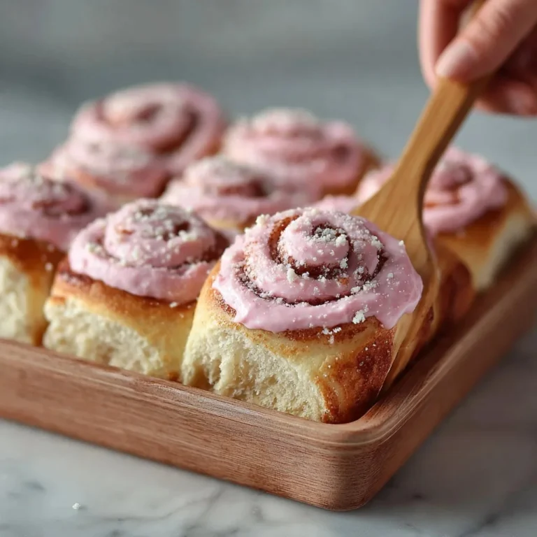Pink velvet cinnamon rolls topped with cream cheese icing.