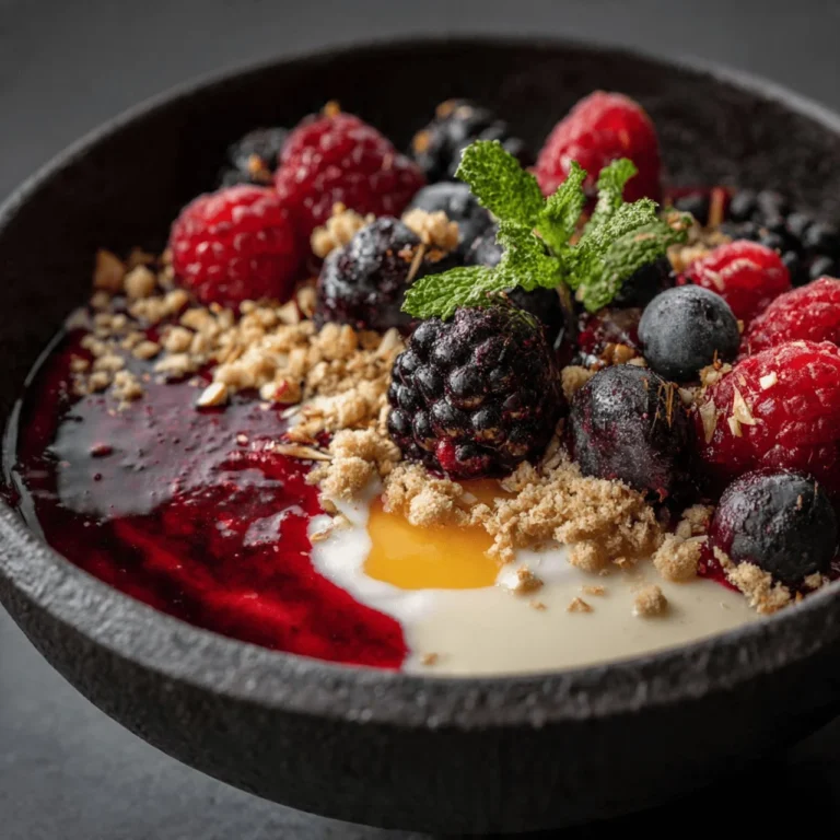 Protein packed berry cheesecake breakfast bowl topped with fresh berries