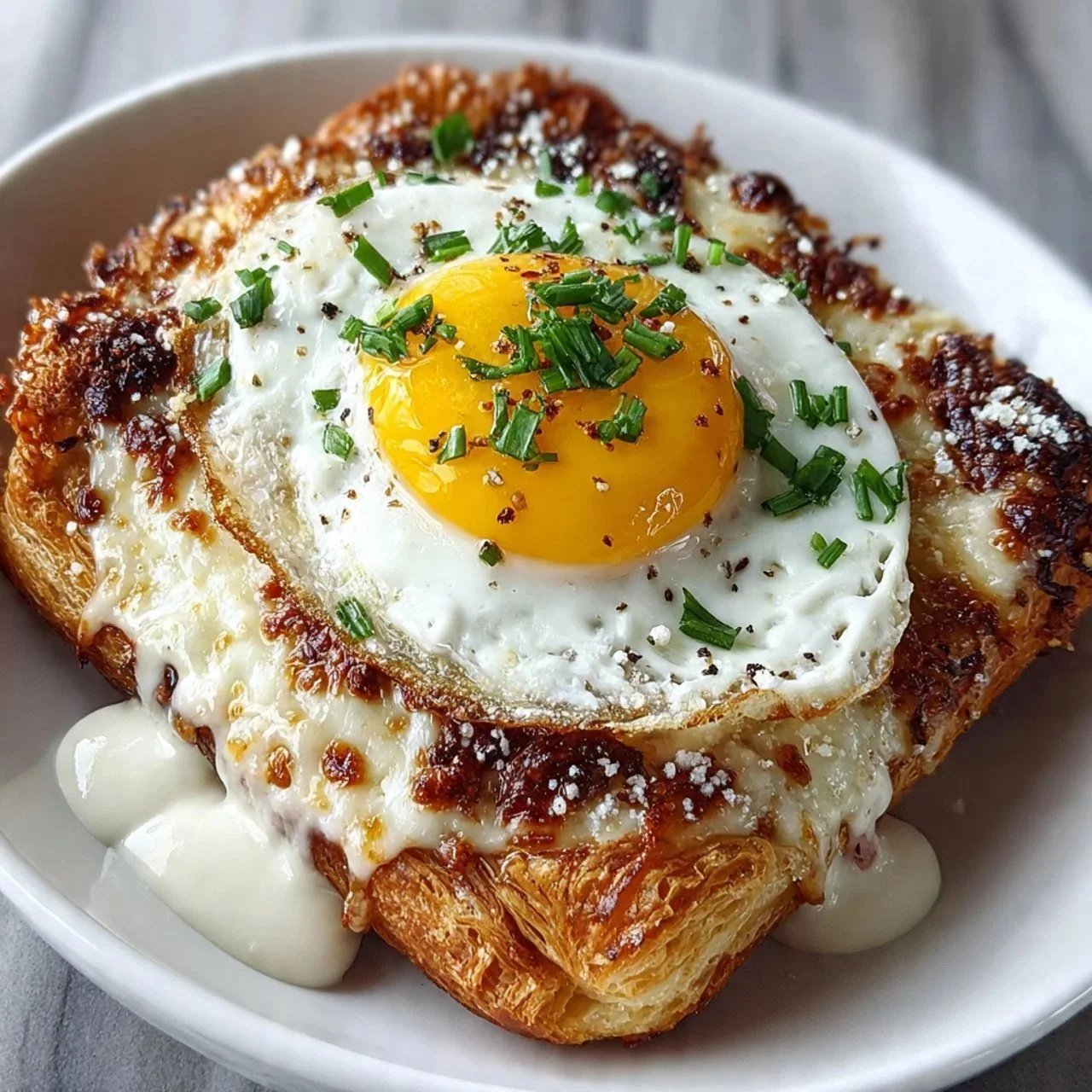 Delicious Puff Pastry Croque Madame topped with egg and cheese.