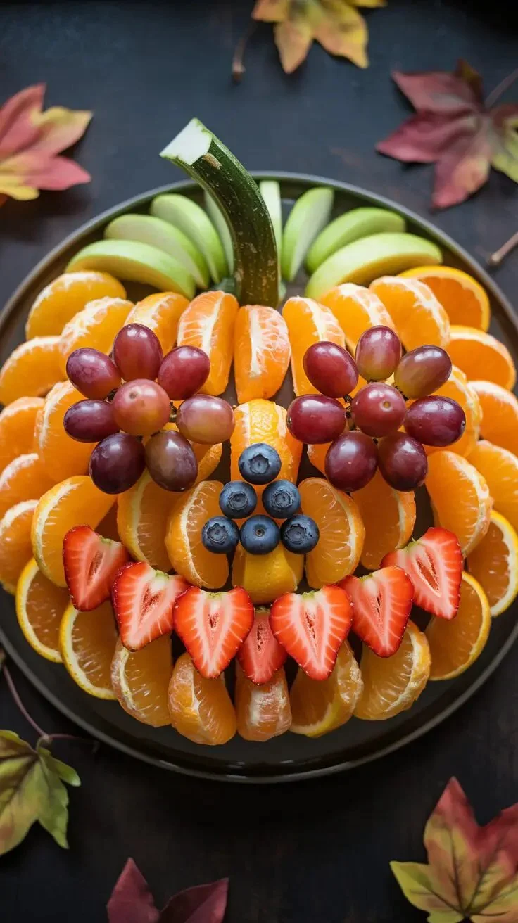 Colorful pumpkin fruit tray filled with assorted fruits for Halloween celebration