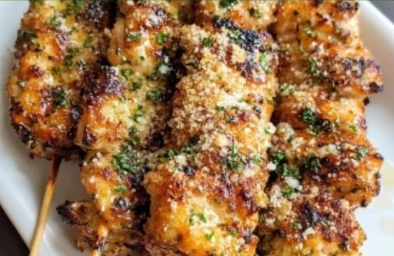 Ranch Garlic Parmesan Chicken Skewers on a wooden platter
