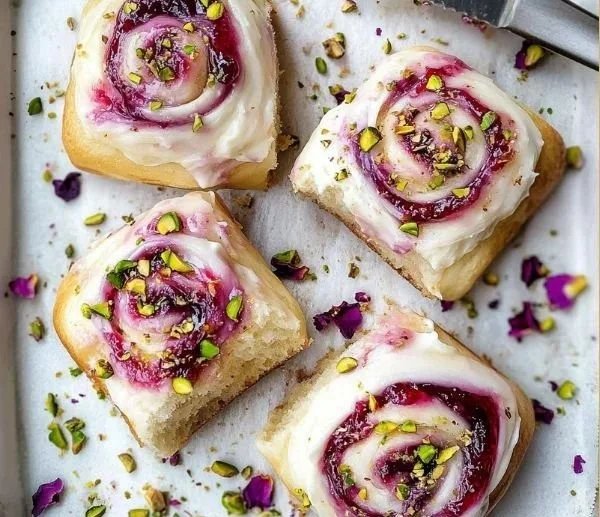 Raspberry and rose cheesecake buns on a plate, beautifully decorated.
