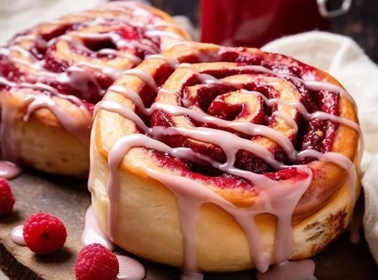 Delicious raspberry cinnamon rolls topped with a tangy lemon glaze.