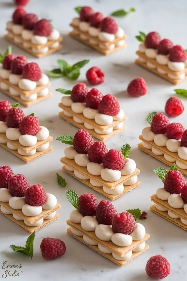Delicious Raspberry Cream Napoleons garnished with fresh raspberries and cream.