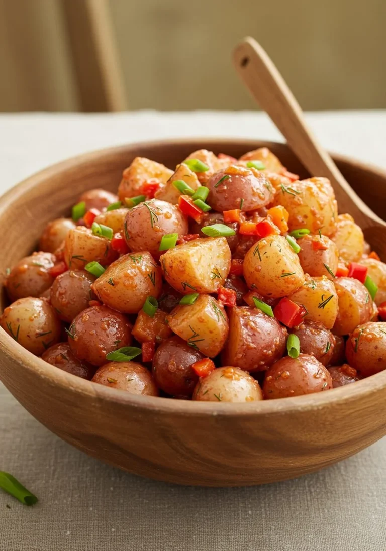 Delicious red potato salad in a bowl with fresh herbs and dressing