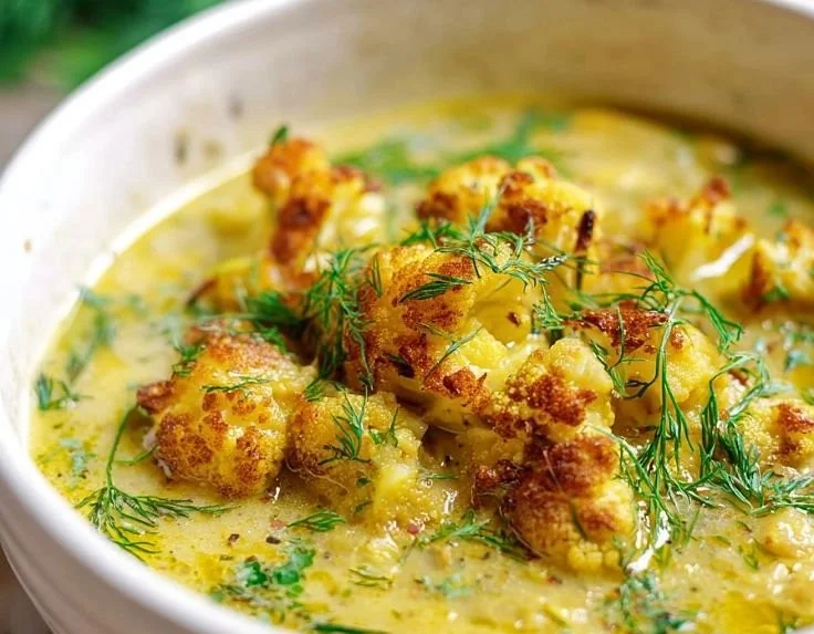 Bowl of rich Mediterranean Cauliflower Soup topped with fresh herbs