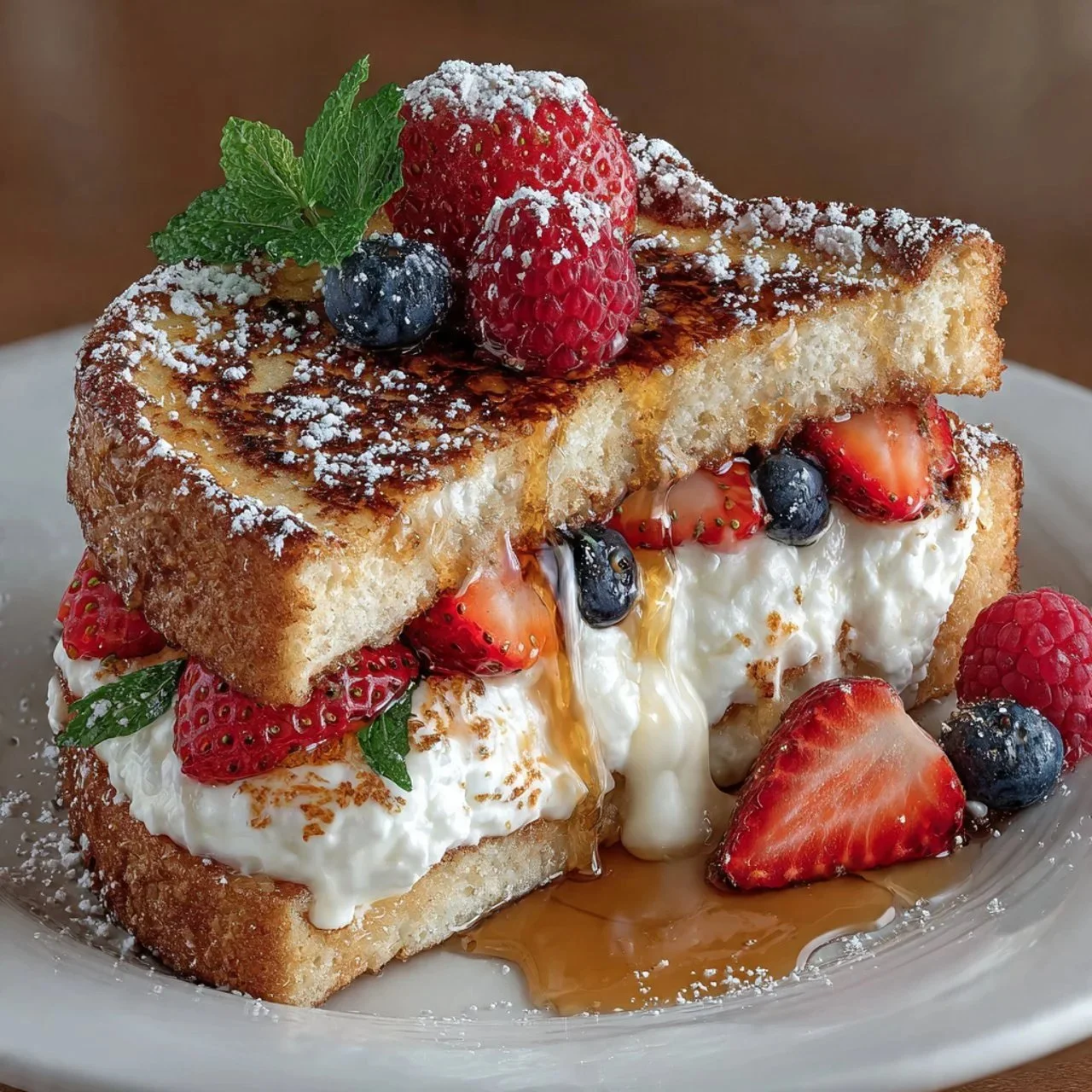 Delicious ricotta stuffed French toast topped with fresh fruits and syrup