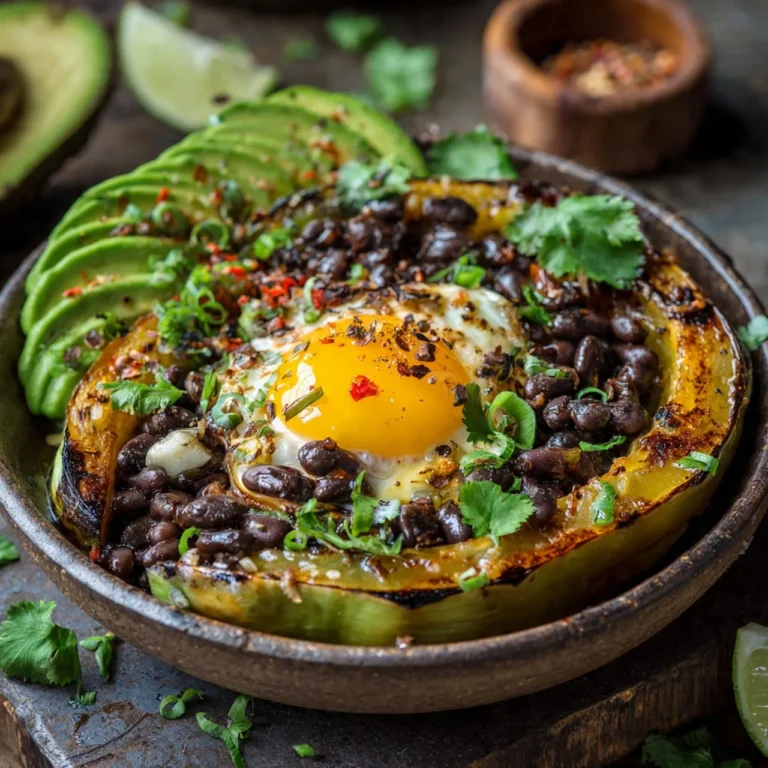 Roasted Chayote and Black Bean Breakfast Bowl garnished with fresh herbs