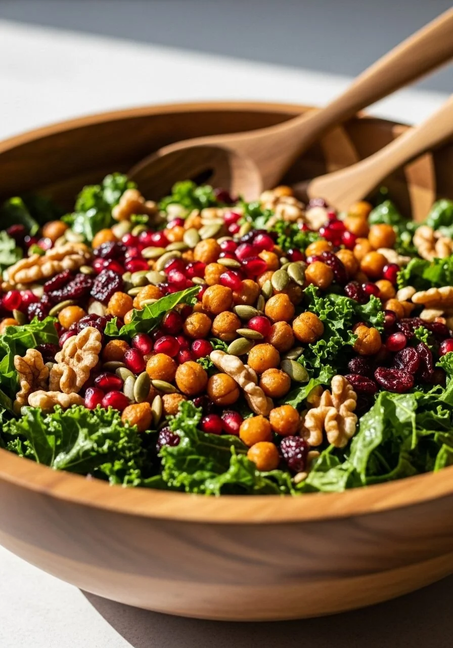 Colorful Roasted Chickpea Fall Salad with seasonal vegetables and dressing