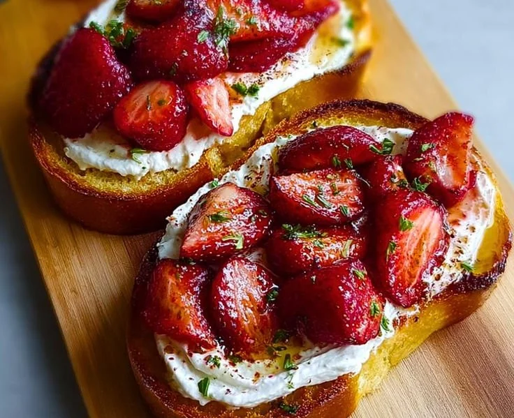 Roasted strawberry whipped ricotta toast topped with fresh strawberries and mint