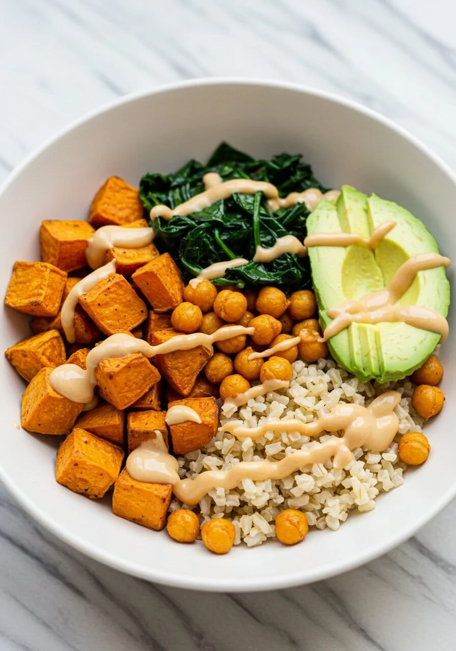 Colorful roasted sweet potato and chickpea bowl with fresh veggies