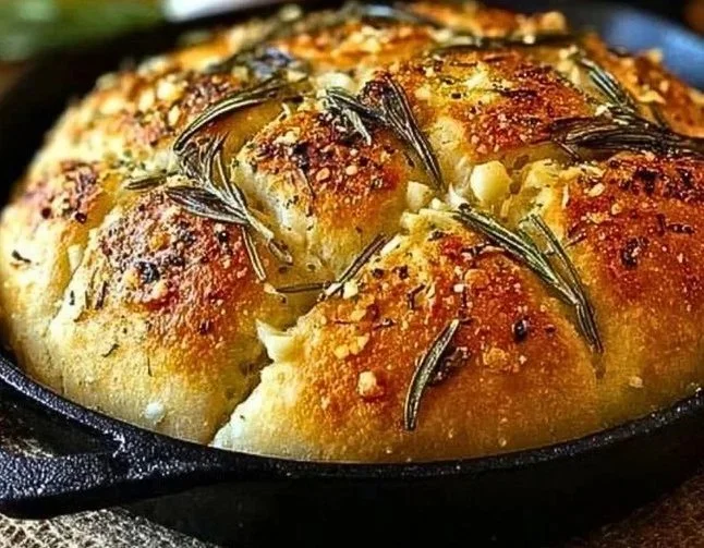 Rustic garlic rosemary skillet bread served in a cast iron pan