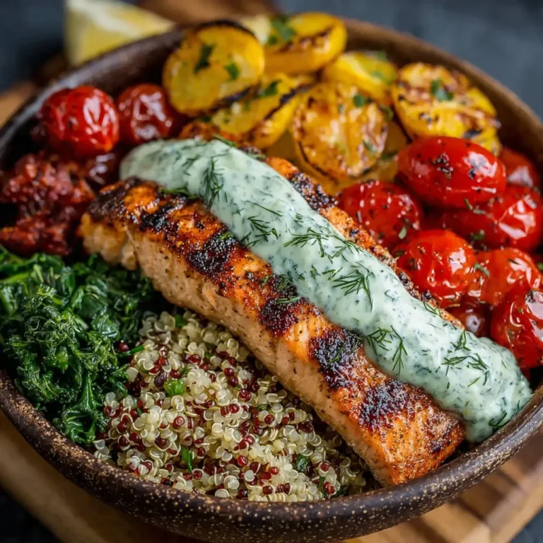 Salmon quinoa bowl with creamy avocado-dill dressing on a colorful plate