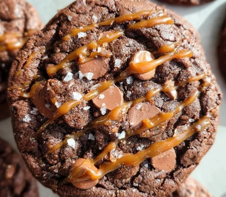 Freshly baked Sea Salt Caramel Cookies with a sprinkle of sea salt on top.