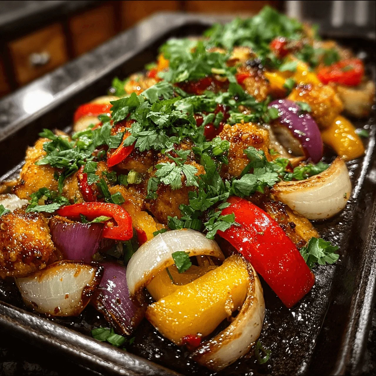 Sheet Pan Cashew Chicken with Peppers and Onions on a baking tray