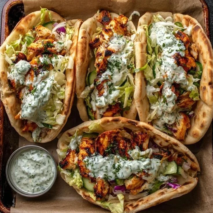 Sheet pan chicken pitas with herby ranch served on a plate