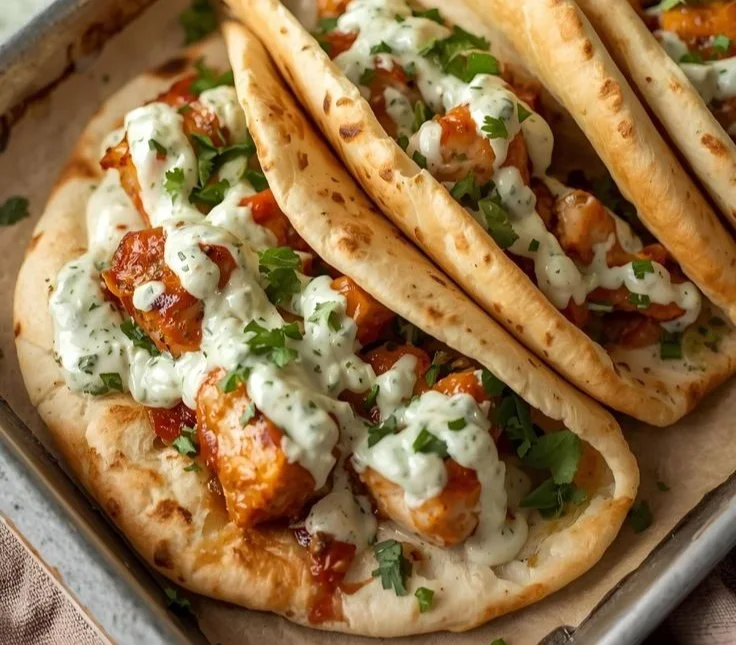 Sheet pan chicken pitas with herby ranch served on a plate