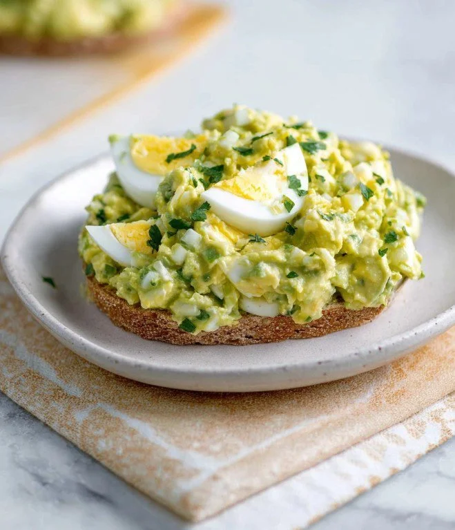 Mediterranean avocado egg salad in a bowl, garnished with fresh herbs.