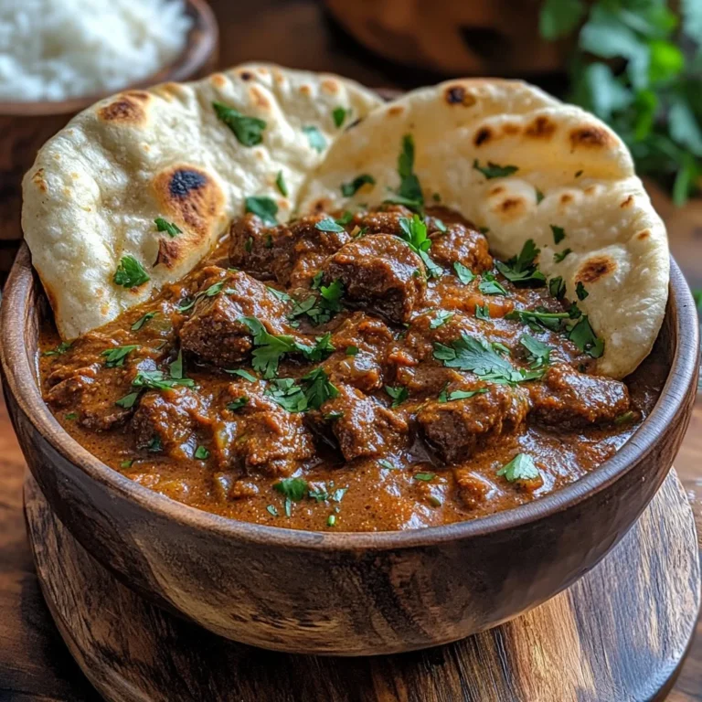 Slow cooker Indian beef curry served in a bowl with rice and cilantro garnish.