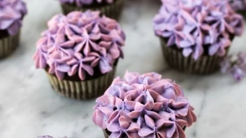 Delicious small batch lilac chocolate cupcakes with rich chocolate and floral icing.