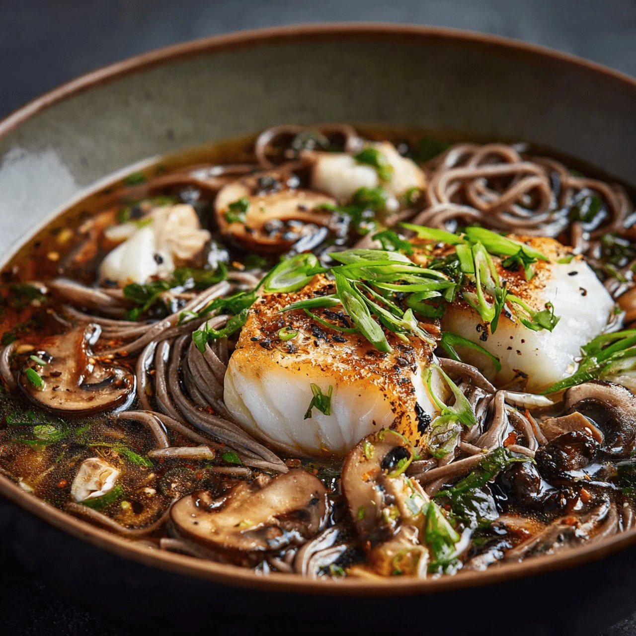 Bowl of soba noodle soup with poached cod and mushrooms