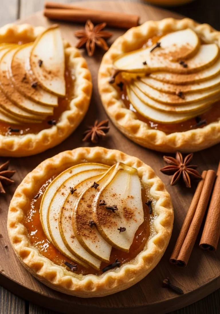 Delicious spiced pear tarts with puff pastry topped with cinnamon and sugar