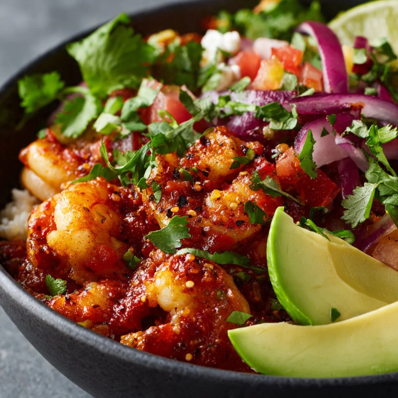Delicious Spicy Shrimp Veracruz Bowl topped with fresh ingredients