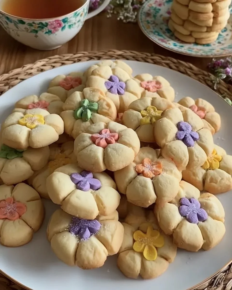 Decorative Spring Flower Shortbread Cookies on a plate
