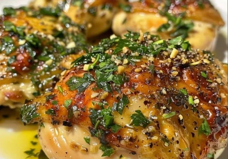 Spring Garlic Herb Chicken dish garnished with fresh herbs and served on a plate