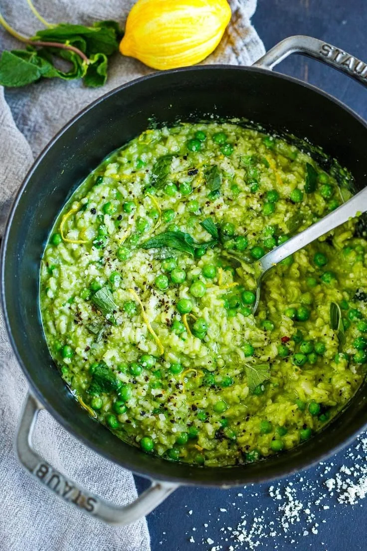 Delicious Spring Pea Risotto garnished with fresh peas and herbs