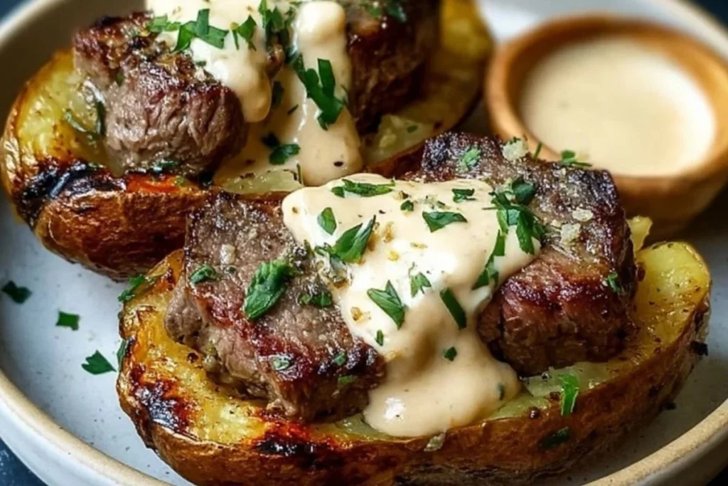 Delicious steak-stuffed baked potatoes drizzled with creamy parmesan sauce.