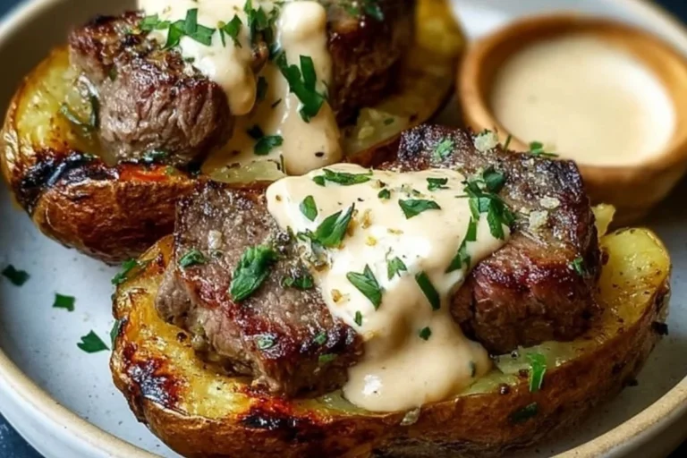 Delicious steak-stuffed baked potatoes drizzled with creamy parmesan sauce.