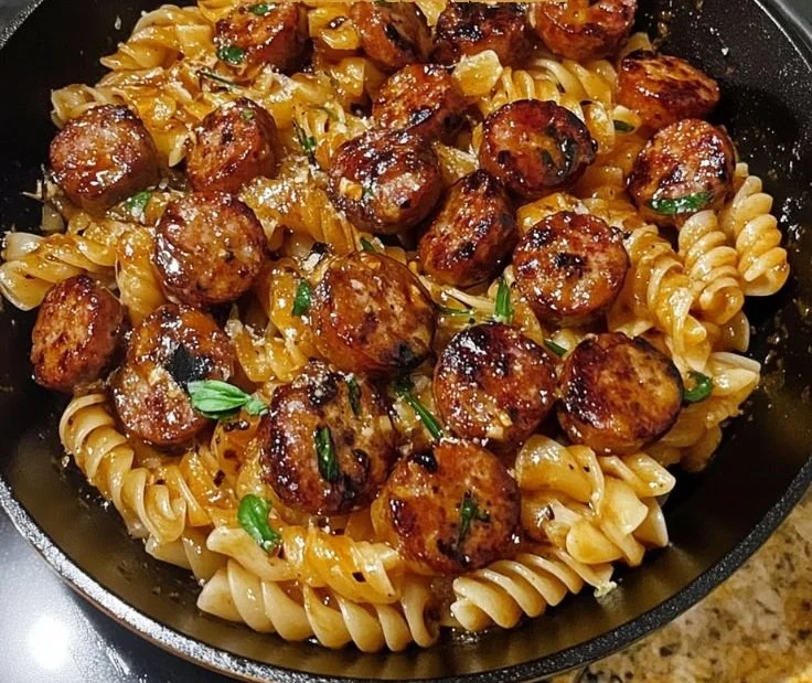 Sticky honey garlic sausage pasta skillet dish on a wooden table