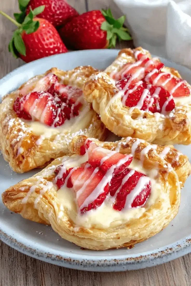 Freshly baked strawberry danishes with cream cheese filling on a plate