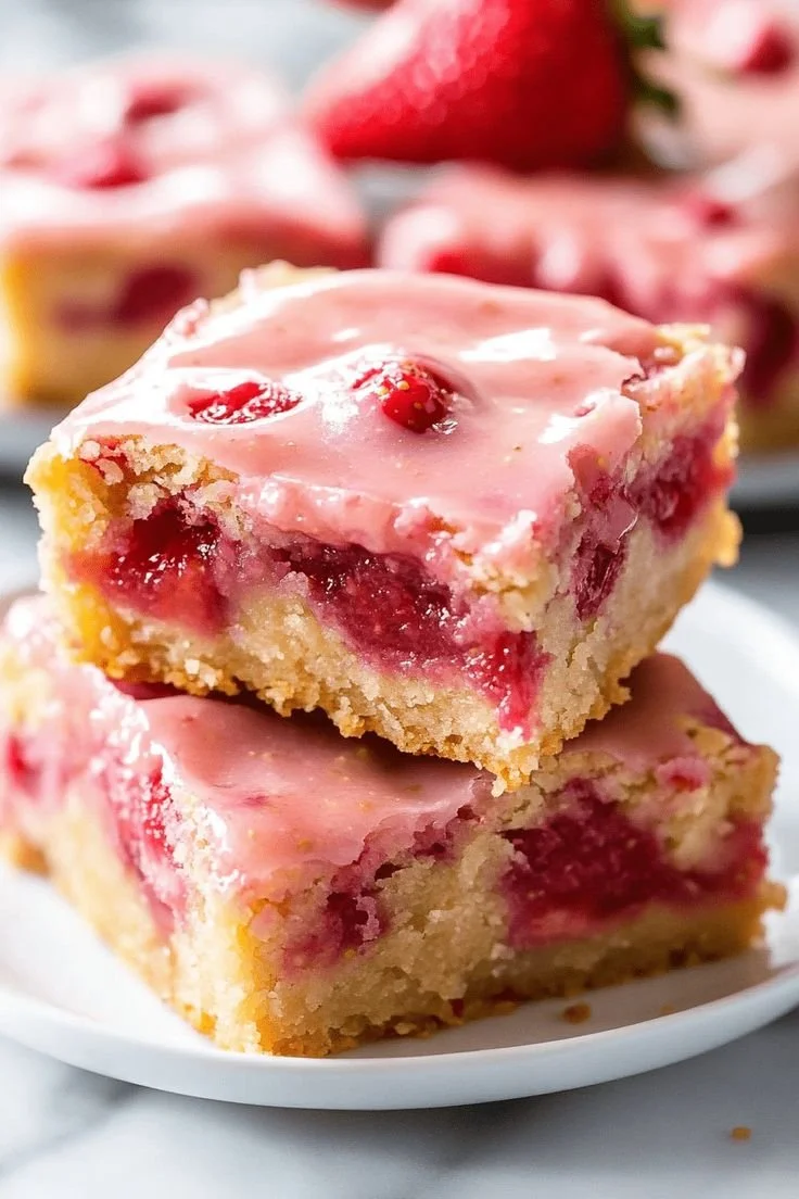 Freshly baked strawberry lemon blondies on a plate