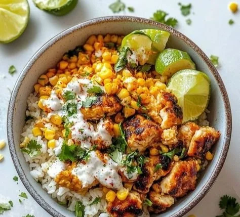 Street Corn Chicken Rice Bowl topped with fresh ingredients and vibrant flavors