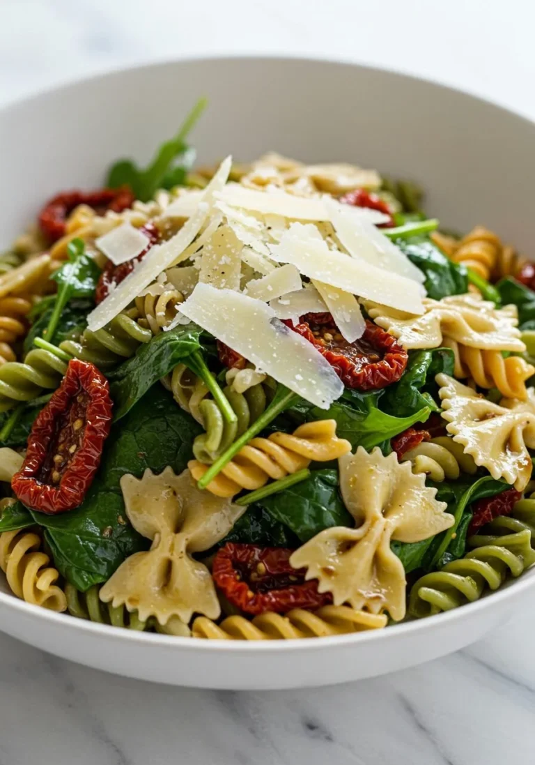 Delicious summer pasta salad with baby greens for a fresh meal.