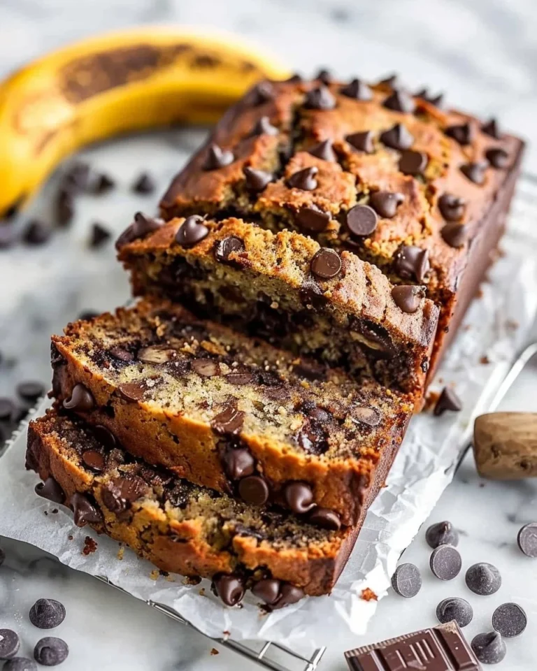 Deliciously moist chocolate chip banana bread fresh out of the oven
