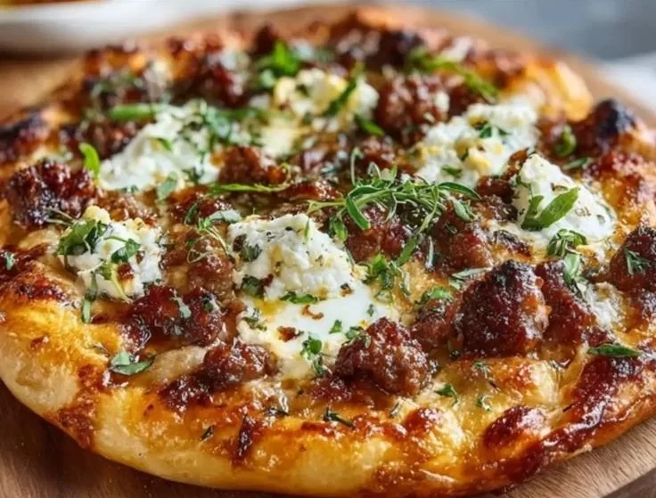 Sweet and spicy sausage ricotta honey pizza topped with drizzled honey and herbs.