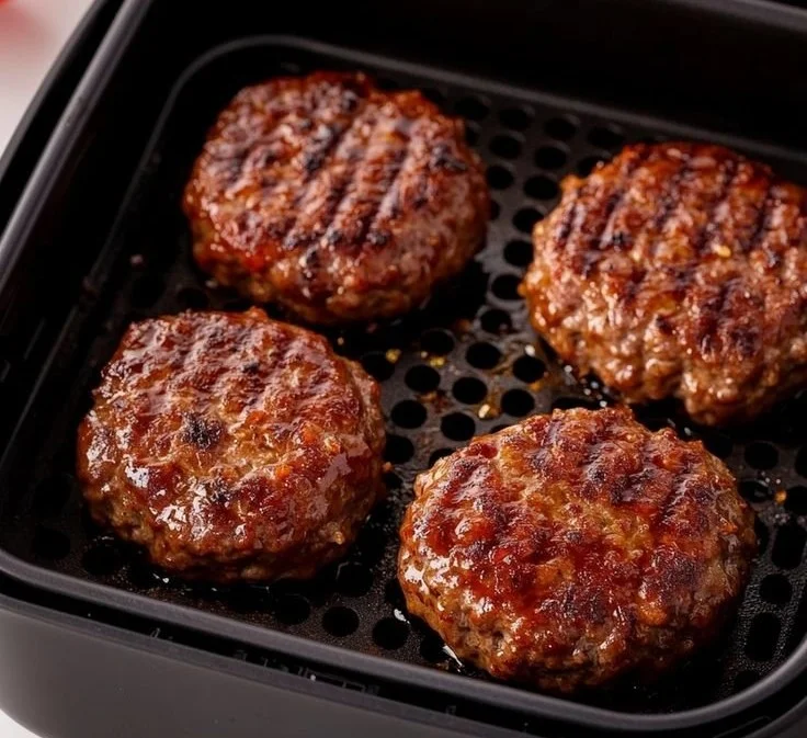 Air fryer hamburger patties cooked to perfection in the air fryer.