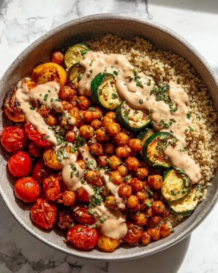 Colorful roasted chickpea and veggie bowl topped with fresh greens and dressing.