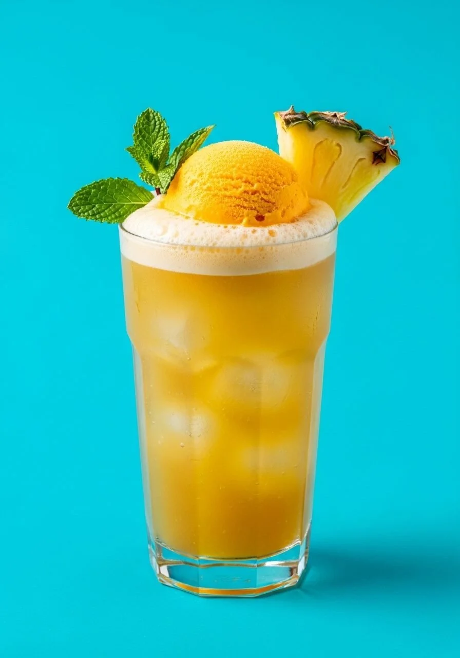 Tropical Paradise Rebel Float vegan beverage topped with fresh tropical fruits.