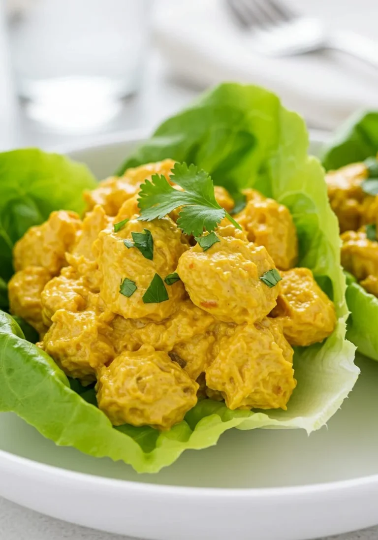 Bowl of ultimate 3-ingredient curry chicken salad with fresh ingredients.