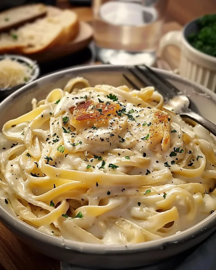 Creamy Fettuccine Alfredo served on a plate with parsley garnish