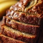 Slice of ultimate moist banana bread on a wooden table