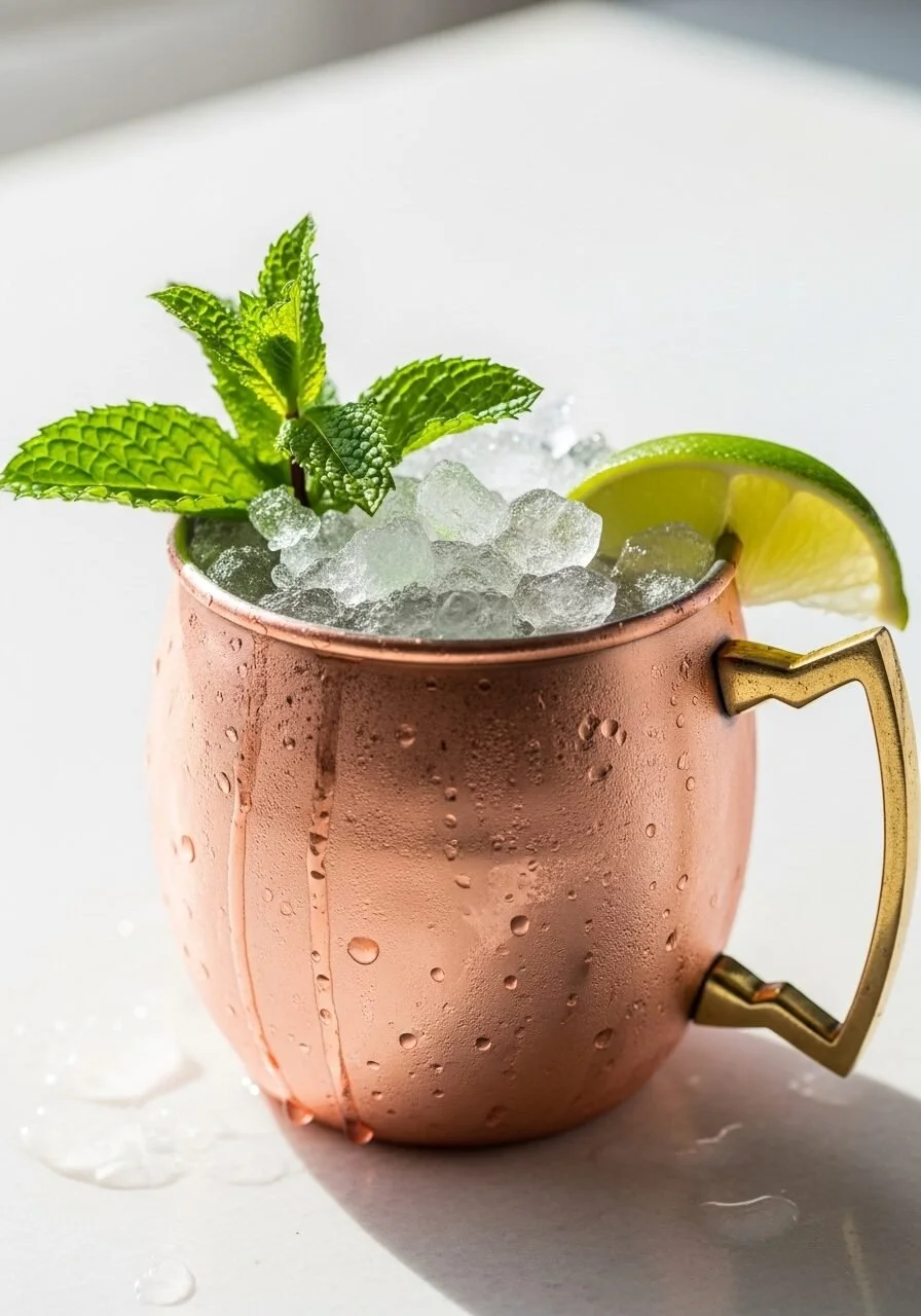 Refreshing Virgin Moscow Mule served in a copper mug with lime and mint garnish.