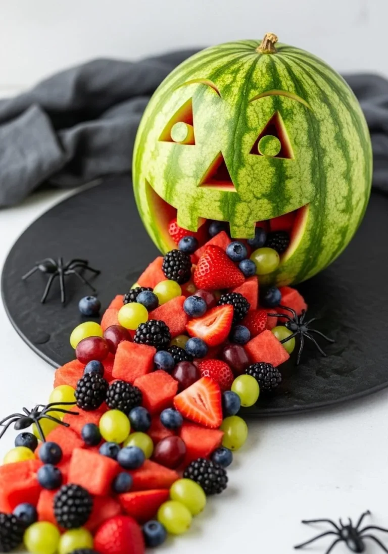 Watermelon Jack-O-Lantern Fruit Salad displayed on a festive table