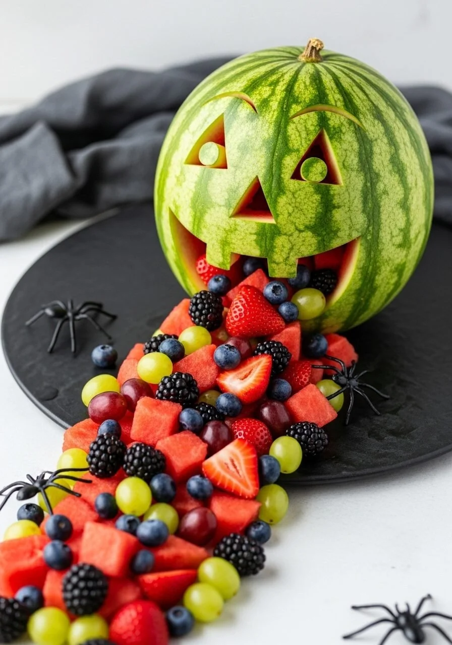 Watermelon Jack-O-Lantern Fruit Salad displayed on a festive table